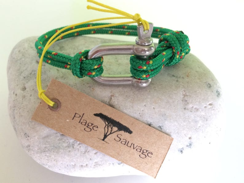 Bracelet Homme PLAGE SAUVAGE Cordelette Verte-Multicouleur 3 mm et Manille Droite XL Inox 5 mm image 1