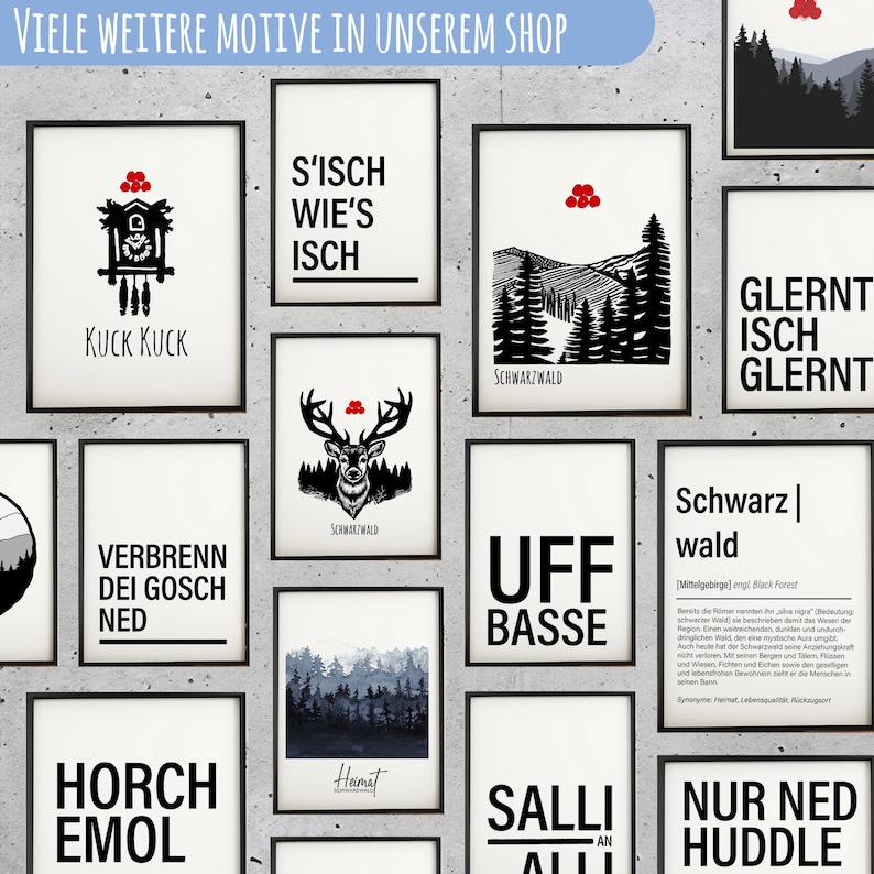 May include: A collection of black and white illustrations with red accents. The illustrations feature various designs, including a cuckoo clock, a deer, a forest scene, and text in German. The text includes phrases like "Kuck Kuck", "S'isch Wie's Isch", "Schwarz Wald", and "Verbren Dei Gosch Ned".