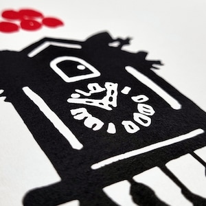 May include: Black and white illustration of a cuckoo clock with a white face and black hands. The clock is surrounded by red circles.