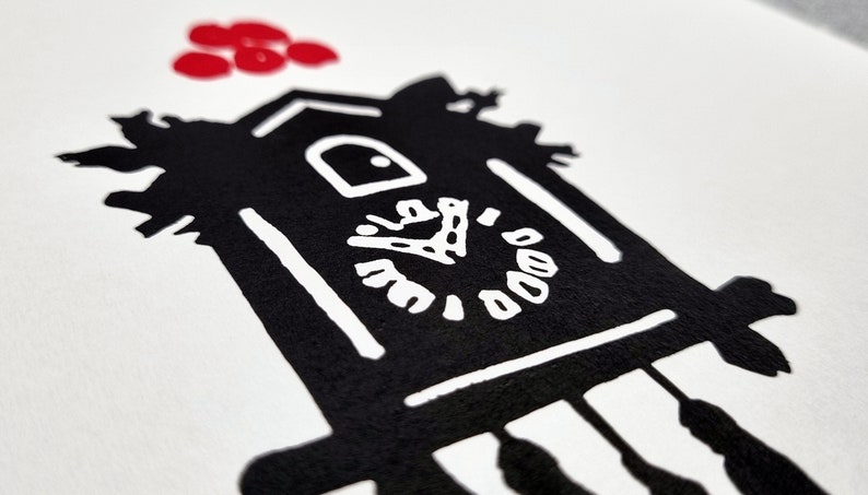 May include: Black and white illustration of a cuckoo clock with a white face and black hands. The clock is surrounded by red circles.
