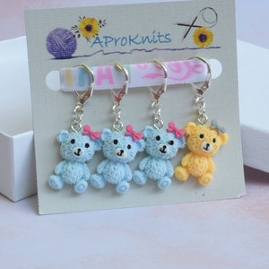 Set of 4 Adorable Bears with Bow Stitch Markers for Knitting or Crochet Projects, Stitch Markers Progress Keepers, knitters gift