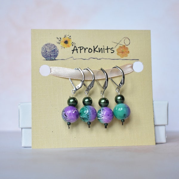 Purple & Green Stitch Markers - set of 4 (Glass Beads)