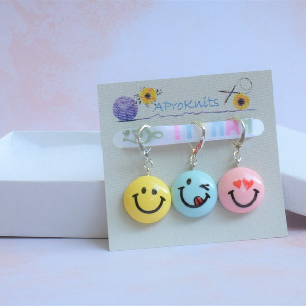 Set of 3 Handmade Emoji Stitch Markers for Knitting or Crochet Projects, Happy and fun Stitch Marker Progress Keepers, Gift for knitters