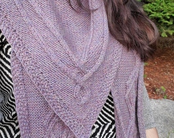 100% Peruvian Wool knit wrap / scarf, uniquely shaped as a triangle shawl with beautiful cables