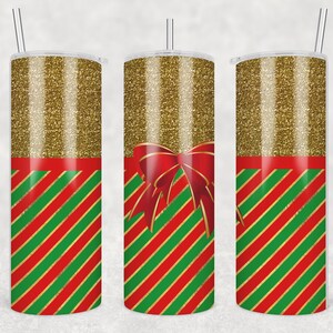 20 oz Skinny Tumbler Sublimation Design for Christmas, Christmas green red gold stripes with glitter, Christmas Sublimation Tumbler design