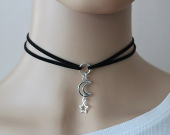 Moon and star choker | black cord Choker | Silver plated choker | Friendship choker | Gift Jewellery | Spiritual Gift