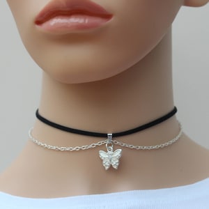 Black Choker | Flat Cord Choker | Butterfly Charm| Women&#39;s Choker | Choker Necklace | Silver Chain Choker Necklace