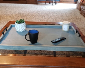 Ottoman coffee table  centerpiece serving tray wood with handles