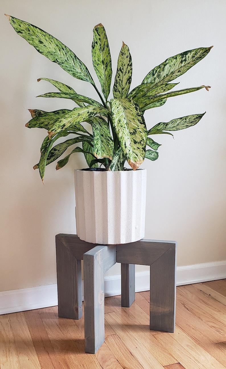 Op de afbeelding: Een kamerplant met groen en wit gespikkelde bladeren in een witte, geribbelde pot. De pot staat op een grijze houten plantenstandaard met een geometrisch ontwerp. De plantenstandaard heeft vier poten.