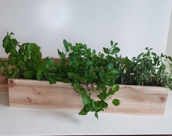 May include: Two rectangular wooden planters filled with various green herbs. The planters are made of light-colored wood and are arranged side by side. The herbs include basil, oregano, and sage, creating a fresh, natural aesthetic.