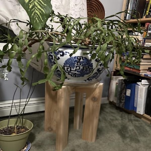 Op de afbeelding: Een grote, sierlijke blauw-witte keramische plantenbak gevuld met een hangende groene plant. De plantenbak staat op een kleine, natuurlijke houten plantenstandaard. Een andere kleine plant in pot is zichtbaar op de voorgrond.