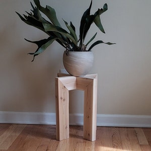 Op de afbeelding: Een hertshoornvaren in een lichtgekleurde, ronde pot staat op een lichtgekleurde, houten plantenstandaard. De standaard heeft een geometrisch ontwerp met een vierkante bovenkant en twee poten. De varen heeft grote, groene, geweivormige bladeren.
