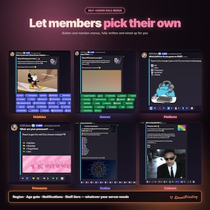 May include: A digital display showing six Discord self-assign role menus titled Hobbies, Games, Platform, Pronouns, Zodiac, and Colours. Each section features interactive buttons, reaction emojis, and text prompts for server members to select roles.