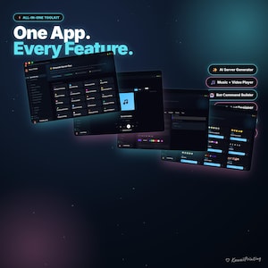 Puede incluir: Interfaz digital con m&uacute;ltiples pantallas que muestran las funciones de la aplicaci&oacute;n. Las pantallas muestran opciones para la generaci&oacute;n de servidores, la reproducci&oacute;n de m&uacute;sica y v&iacute;deo, la creaci&oacute;n de comandos de bot y herramientas de dise&ntilde;o. El texto incluye "ALL-IN-ONE TOOLKIT" y "One App. Every Feature."