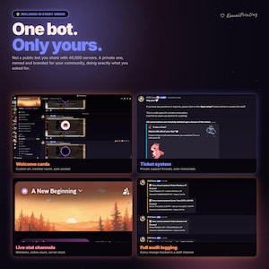 May include: A digital advertisement for a private Discord bot service featuring the text One bot. Only yours. The graphic displays four interface examples including welcome cards, a ticket system, live stat channels, and full audit logging.