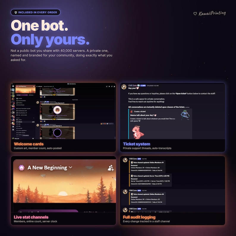 May include: A digital advertisement for a private Discord bot service featuring the text One bot. Only yours. The graphic displays four interface examples including welcome cards, a ticket system, live stat channels, and full audit logging.