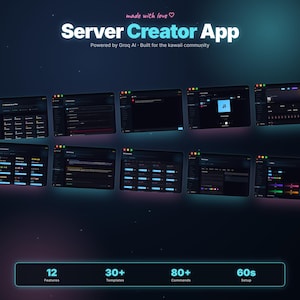 Puede incluir: Gr&aacute;fico digital que promociona la "Server Creator App". El nombre de la aplicaci&oacute;n est&aacute; en blanco, con el lema "Powered by Groq AI - Built for the kawaii community". La imagen muestra m&uacute;ltiples pantallas de interfaz de la aplicaci&oacute;n, con 12 funciones, 30+ plantillas, 80+ comandos y una configuraci&oacute;n de 60 segundos.