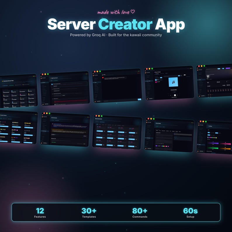Puede incluir: Gr&aacute;fico digital que promociona la "Server Creator App". El nombre de la aplicaci&oacute;n est&aacute; en blanco, con el lema "Powered by Groq AI - Built for the kawaii community". La imagen muestra m&uacute;ltiples pantallas de interfaz de la aplicaci&oacute;n, con 12 funciones, 30+ plantillas, 80+ comandos y una configuraci&oacute;n de 60 segundos.