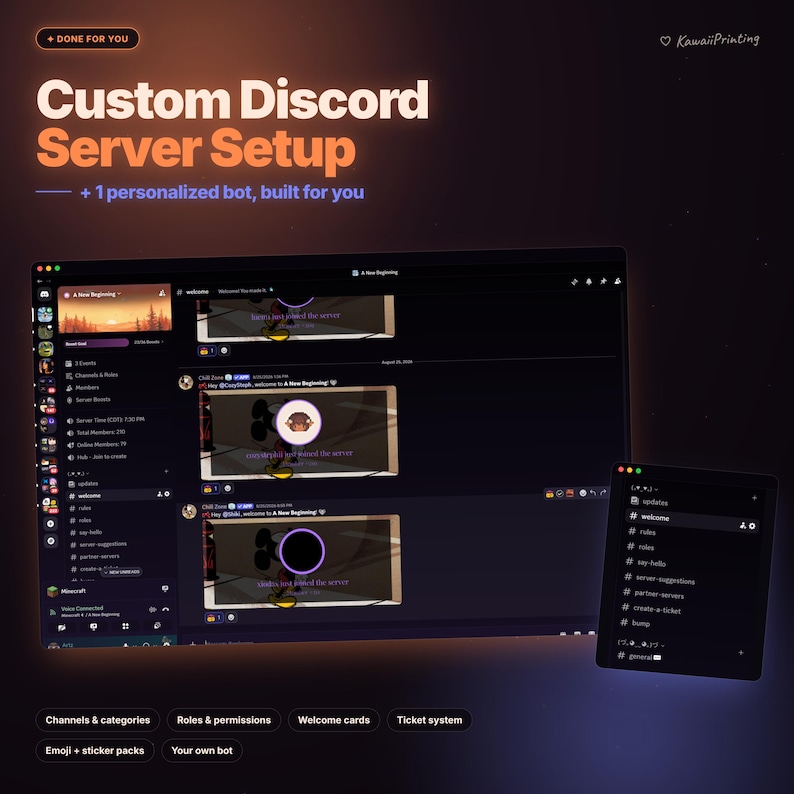 May include: A digital display showing a custom Discord server setup with a dark interface, featuring text that reads Custom Discord Server Setup, + 1 personalized bot, built for you, and a list of channels including welcome, rules, and server-suggestions.