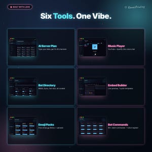 Puede incluir: Gr&aacute;fico digital con fondo azul oscuro que muestra seis herramientas de software. El texto incluye "Six Tools. One Vibe." y nombres de herramientas como "AI Server Plan" y "Music Player". La imagen tambi&eacute;n presenta el texto "Built With Love" y "Kawaii Printing."