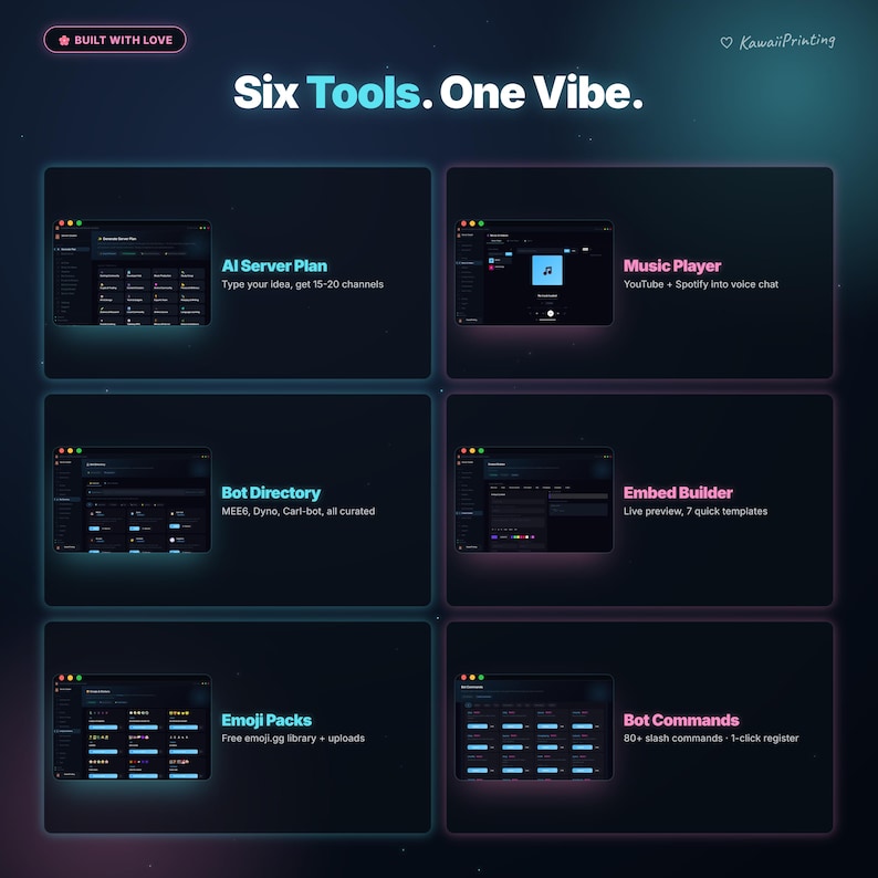 Puede incluir: Gr&aacute;fico digital con fondo azul oscuro que muestra seis herramientas de software. El texto incluye "Six Tools. One Vibe." y nombres de herramientas como "AI Server Plan" y "Music Player". La imagen tambi&eacute;n presenta el texto "Built With Love" y "Kawaii Printing."