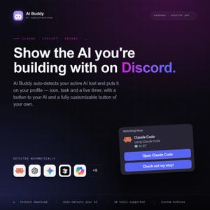 以下が含まれることがあります： AI Buddyソフトウェアのダークインターフェースで、Show the AI you're building with on Discordというテキストが表示されています。Claude Codeのライブステータスウィジェット、タイマー、Open Claude CodeおよびCheck out my etsyボタン、そして複数のアイコンが配置されています。