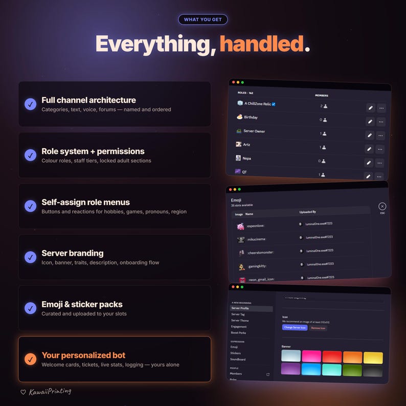 May include: A digital infographic titled Everything, handled. It lists services including full channel architecture, role systems, self-assign menus, server branding, emoji packs, and a personalized bot, with screenshots of Discord server settings.