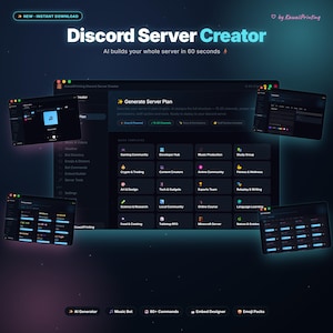 May include: A digital graphic promoting a Discord Server Creator. The image features a dark blue background with multiple screens displaying server plan options, including gaming, music, and study groups. Text includes "Discord Server Creator" and "AI builds your whole server in 60 seconds."