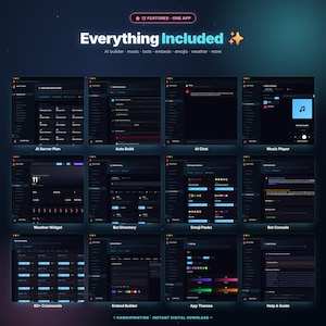 Puede incluir: Una presentaci&oacute;n de producto digital con un tema oscuro, que muestra varias funciones de la aplicaci&oacute;n. El texto "Everything Included" es prominente, junto con iconos y descripciones para AI builder, m&uacute;sica, bots y m&aacute;s. El dise&ntilde;o incluye m&uacute;ltiples capturas de pantalla de la interfaz.