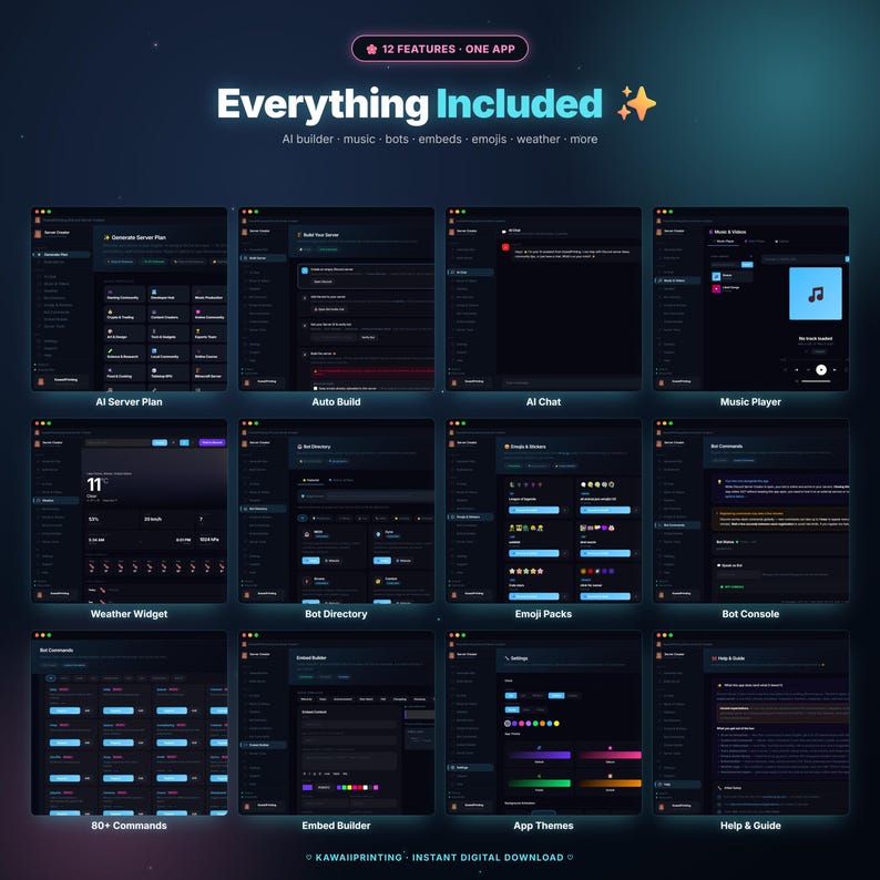 Puede incluir: Una presentaci&oacute;n de producto digital con un tema oscuro, que muestra varias funciones de la aplicaci&oacute;n. El texto "Everything Included" es prominente, junto con iconos y descripciones para AI builder, m&uacute;sica, bots y m&aacute;s. El dise&ntilde;o incluye m&uacute;ltiples capturas de pantalla de la interfaz.