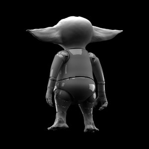 May include: A gray, articulated toy figure of a fictional character with large ears and a short, rounded body. The figure is standing with its back to the camera.