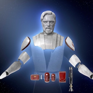 May include: A white and silver Jedi Knight armor set with a blue tunic, a red lightsaber, and a brown belt with pouches.
