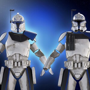 May include: Two figures in white and blue armor, reminiscent of a space trooper, stand against a blue gradient background. The armor features helmets with visors, shoulder pads, and utility belts. The figures are holding hands.