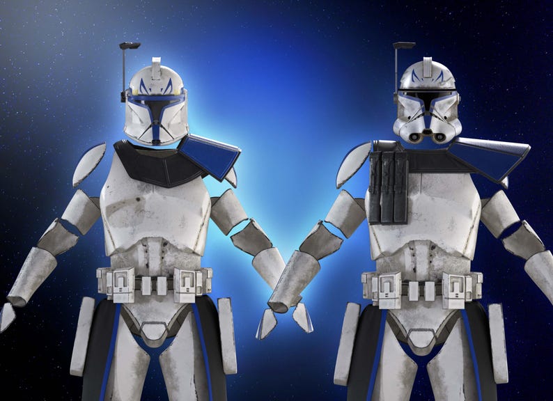May include: Two figures in white and blue armor, reminiscent of a space trooper, stand against a blue gradient background. The armor features helmets with visors, shoulder pads, and utility belts. The figures are holding hands.