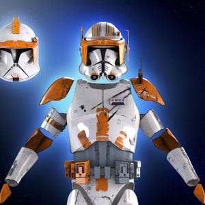 May include: A detailed illustration of a white and orange clone trooper armor set, including a helmet and various body parts. The armor features intricate designs and is set against a blue background with a starry effect.