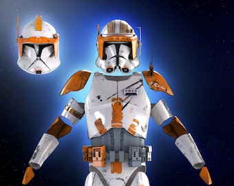 Puede incluir: Ilustración detallada de una armadura de soldado clon blanca y naranja, que incluye un casco y varias partes del cuerpo. La armadura presenta diseños intrincados sobre un fondo azul con efecto de estrellas.