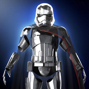 May include: A chrome-colored Stormtrooper armor suit with a black cape. The armor has a helmet, chest plate, and arm and leg coverings. The background is a gradient of blue with a starry effect.