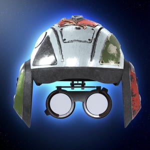 以下が含まれることがあります： 白、黒、緑のデザインの未来的なヘルメットで、2つの円形レンズが特徴です。ヘルメットは、赤いアクセントと上部の茶色のロープのディテールで、風化した外観をしています。背景は、星の効果のある青のグラデーションです。
