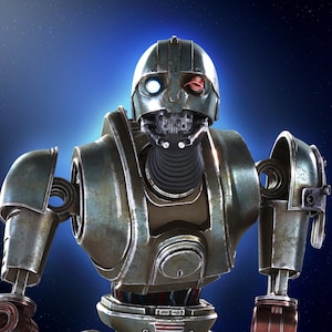 Może przedstawiać: Metalowy robot z niebieskim światłem w oku i zużytym, zardzewiałym wyglądem. Robot ma dużą, okrągłą głowę i cylindryczne ciało.