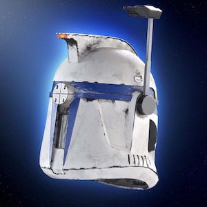 May include: A white and blue helmet with a weathered appearance, featuring a blue stripe and a vertical antenna. The helmet has a detailed design with a cross-shaped emblem and a visor area, set against a blue background.