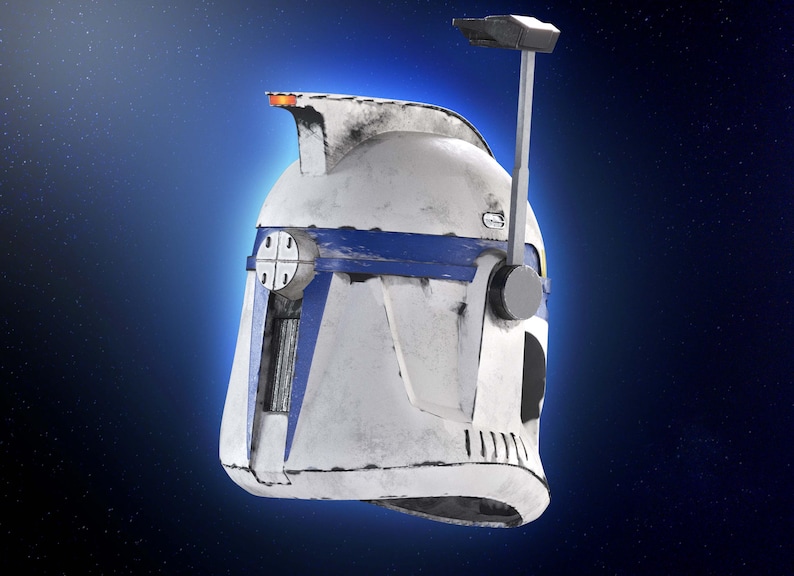 May include: A white and blue helmet with a weathered appearance, featuring a blue stripe and a vertical antenna. The helmet has a detailed design with a cross-shaped emblem and a visor area, set against a blue background.