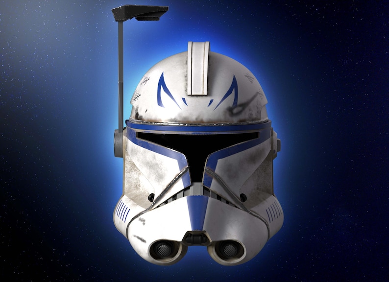 May include: A white and blue helmet with a visor and a black antenna. The helmet has blue markings and a weathered appearance. The background is a gradient of blue with a starry effect. This is a Star Wars themed item.