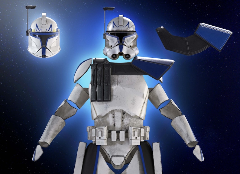 May include: A detailed illustration of a Clone Trooper armor set, featuring a white and gray body suit with blue accents. The set includes a helmet, shoulder armor, and chest plate. The design is reminiscent of a science fiction theme.