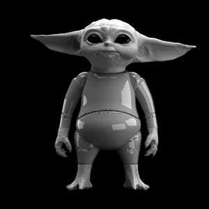 May include: A gray, plastic toy figure of a fictional character with large ears, a large head, and a small body. The figure is standing with its arms at its sides.