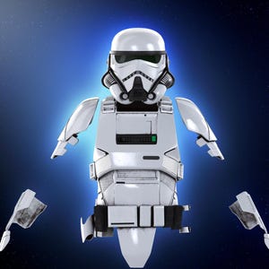 May include: A white Stormtrooper helmet and armor set, with black accents, against a blue and starry background. The armor is partially disassembled, with detached shoulder and arm pieces. The helmet has a black visor.