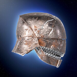 May include: A rusty metal helmet with a detailed, mechanical jaw. The helmet is set against a dark blue background with white stars.