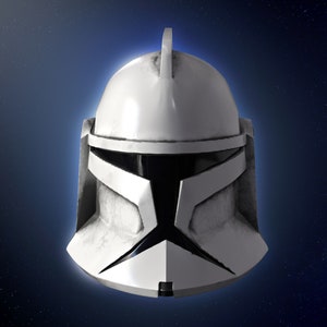 Puede incluir: Un casco blanco de soldado clon con una visera negra sobre un fondo azul.