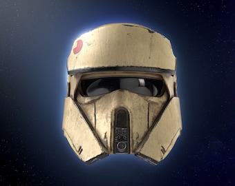 May include: A weathered, beige helmet with a black visor and a red circle on the side. The helmet has a textured surface and appears to be made of plastic.