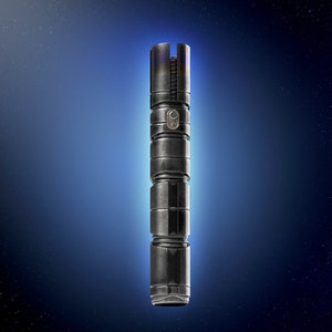 May include: A black lightsaber with a silver handle and a series of segmented rings. The lightsaber is against a dark blue background with white stars.