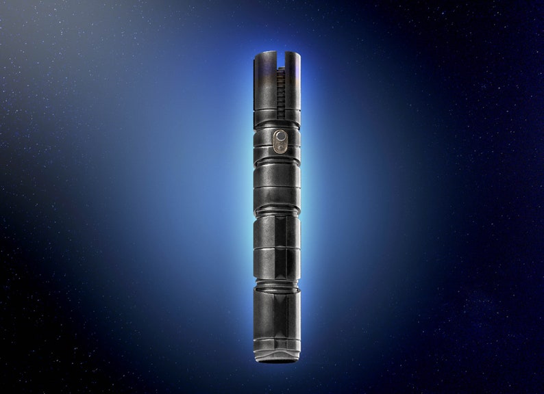 May include: A black lightsaber with a silver handle and a series of segmented rings. The lightsaber is against a dark blue background with white stars.